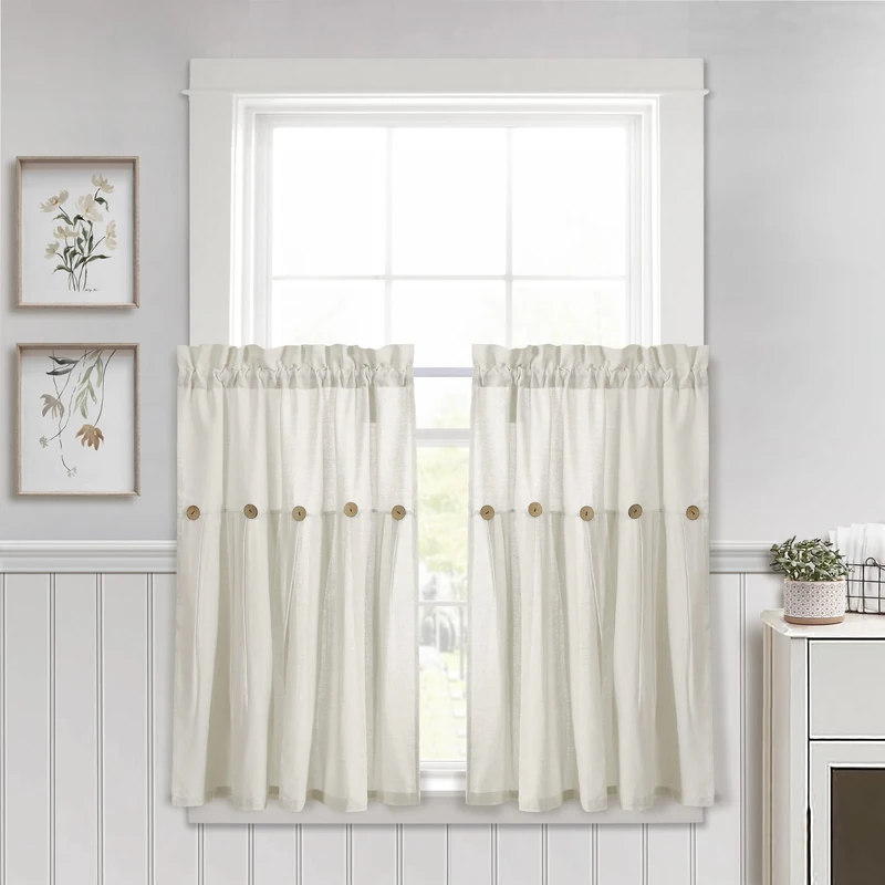 Lush Decor Linen Button Kitchen Tier Window Curtain Panels Off White 29X36+2 Set