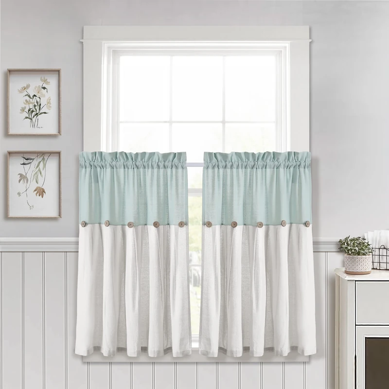Lush Decor Linen Button Farmhouse Kitchen Curtains, Tier Kitchen Curtain Set, Pair, 29" W x 36" L, Blue & White