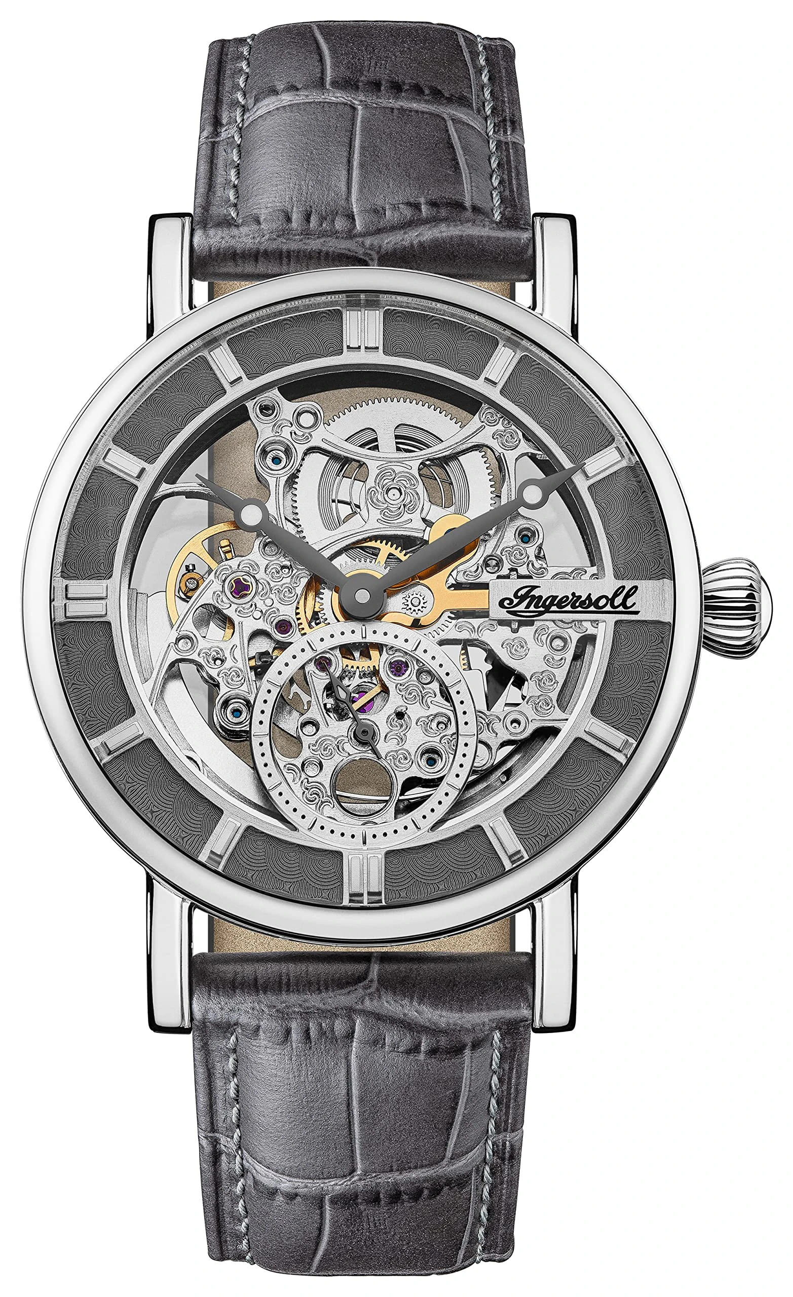 Ingersoll The Herald Mens 40mm Automatic Watch with Skeleton Dial and Grey Genuine Leather Strap I00402B