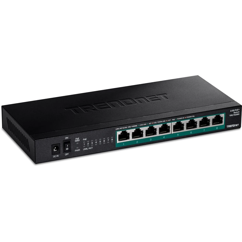 TRENDnet TPE-TG380 8-Port Unmanaged 2.5G PoE+ Switch, Fanless, Compact Desktop Design, Metal Housing, 2.5GBASE-T Ports, IEEE 802.3bz, 100W PoE Budget, Black - UK PLUG