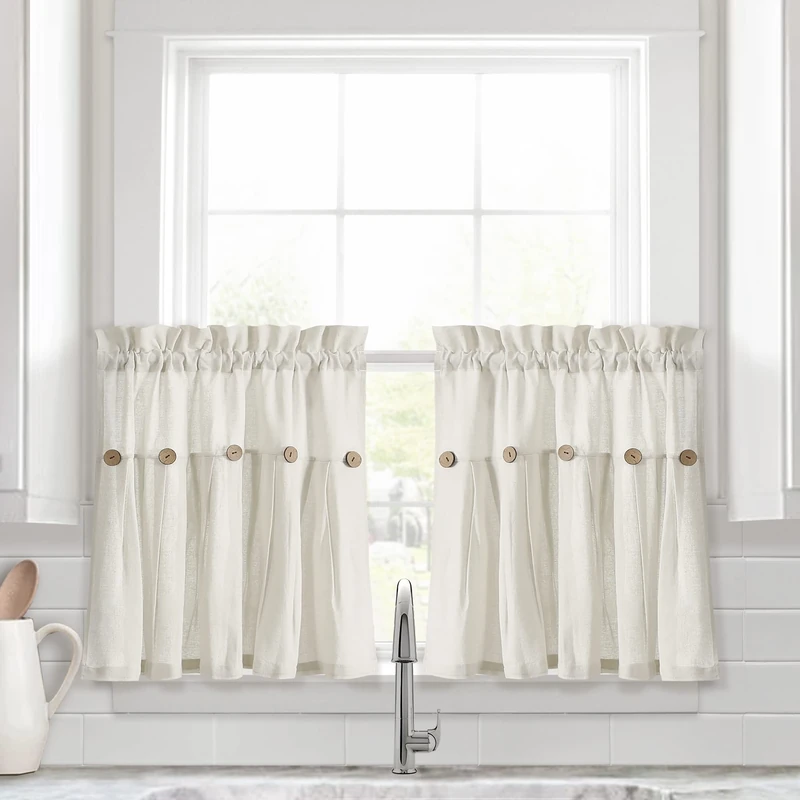 Lush Decor Linen Button Kitchen Tier Window Curtain Panels Off White 29X24+2 Set