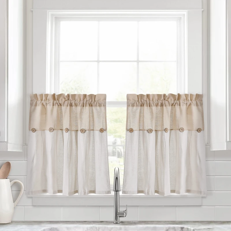 Lush Decor Linen Button Farmhouse Kitchen Tier Window Curtains, 29" L x 24" W, Linen