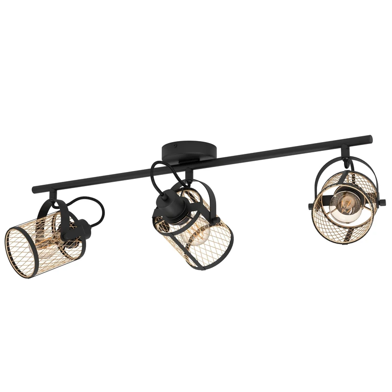 Eglo Ceiling lamp Dellow, 3-Flame Spotlight bar, Industrial Grid lamp, Black and Brass Metal with E27 Socket
