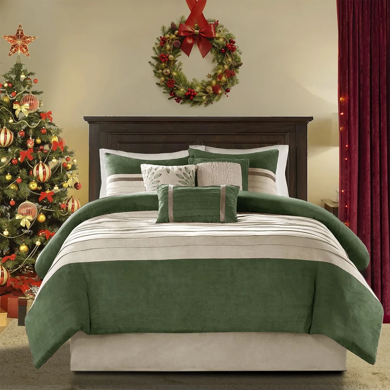 Madison Park Cozy Comforter Set-Luxury Faux Suede Design, Striped Accent, All Season Down Alternative Bedding, Matching Shams, Decorative Pillow, Green, California King (104 in x 92 in)
