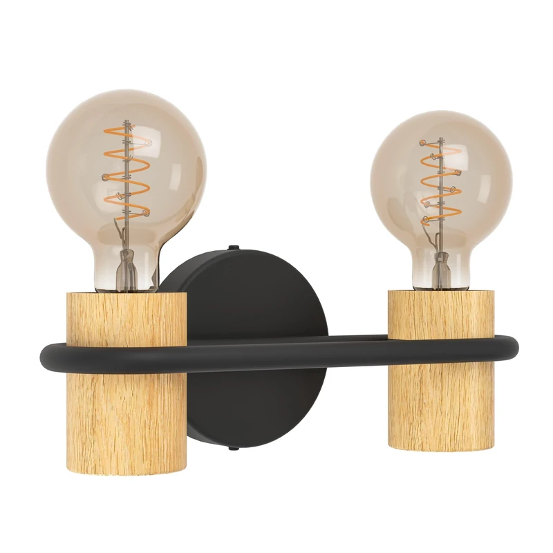 Eglo Wall Lamp Chieveley, 2-Light Mounted Light, Bedroom Lighting Made of Black Metal and Natural Wood, E27 Socket