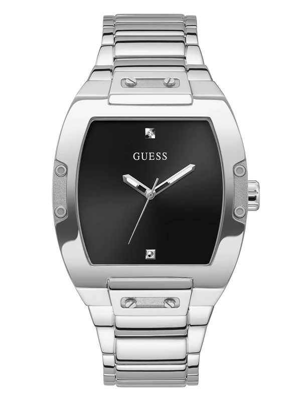 GUESS Men's Trend Tonneau Diamond 43mm Quartz Watch with Stainless Steel Strap, Silver, 27 (Model: GW0387G1)
