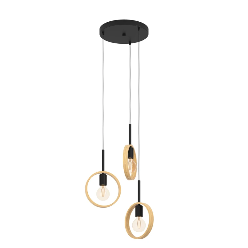 Eglo Pendant Lighting Ipsden, 3 Bulb Minimalist Ceiling Light Fitting Made of Natural Wood and Black Metal, Hanging lamp for Dining and Living Room, E27 Socket