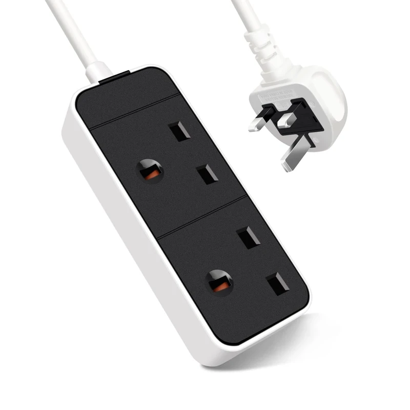 EXTRASTAR 2 Way Extension Lead in Black and White, 1M Extension Cord 13A UK Plug Max 3120W, 2 Socket Power Strip for Home Office School