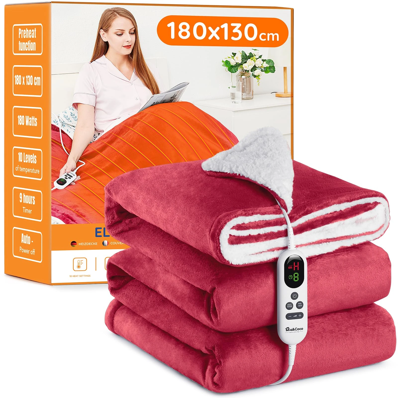 Mia&Coco Electric Heated Blanket Throw Flannel Sherpa Fast Heating 180x130cm, 10 Heat Levels & Up-to-9-Hours Auto-Off Timer & LED Display, for Home Office Use, Machine Washable, ETL Certified, Red