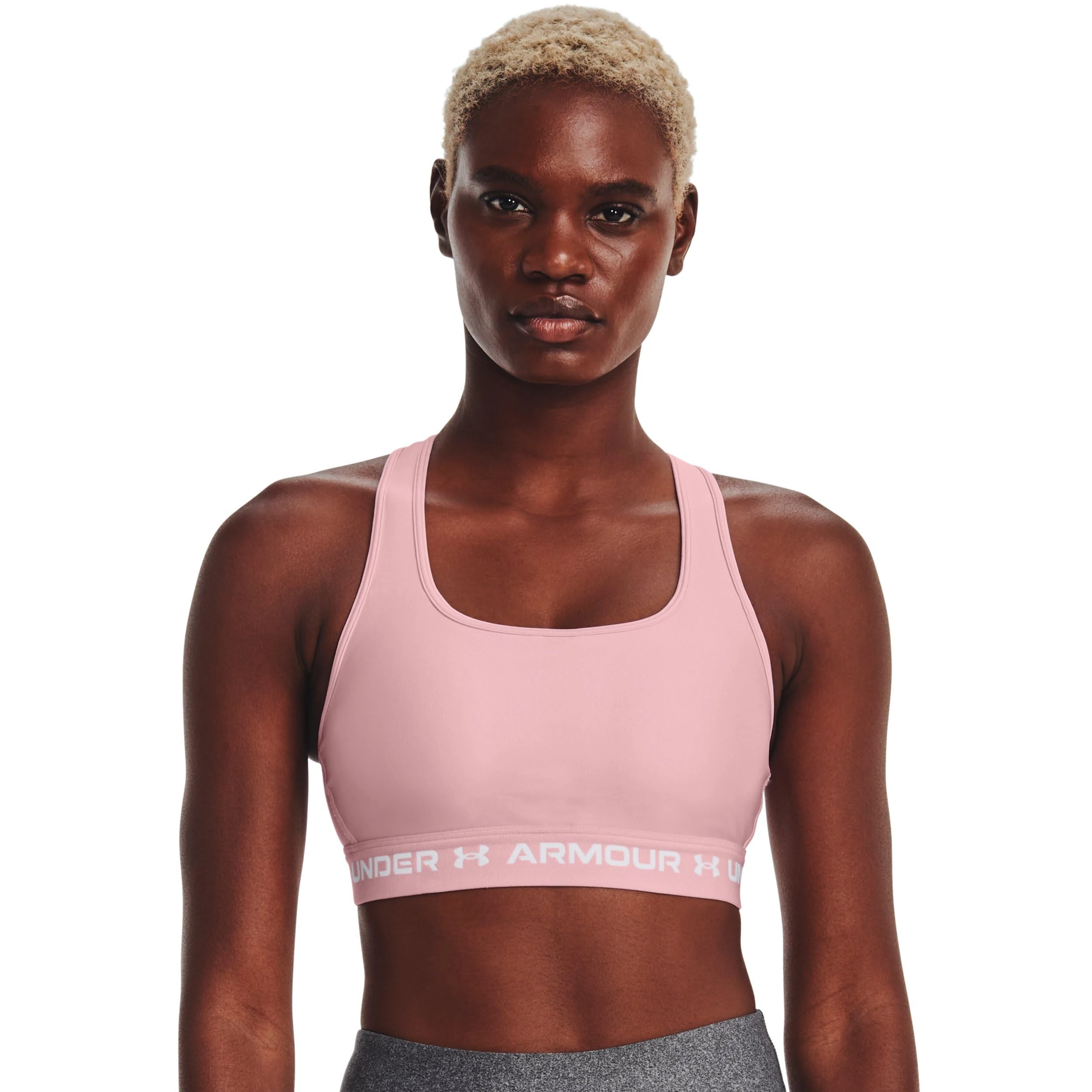 Under Armour Women’s Crossback Mid Impact Sports Bra, (647) Prime Pink / / White, M