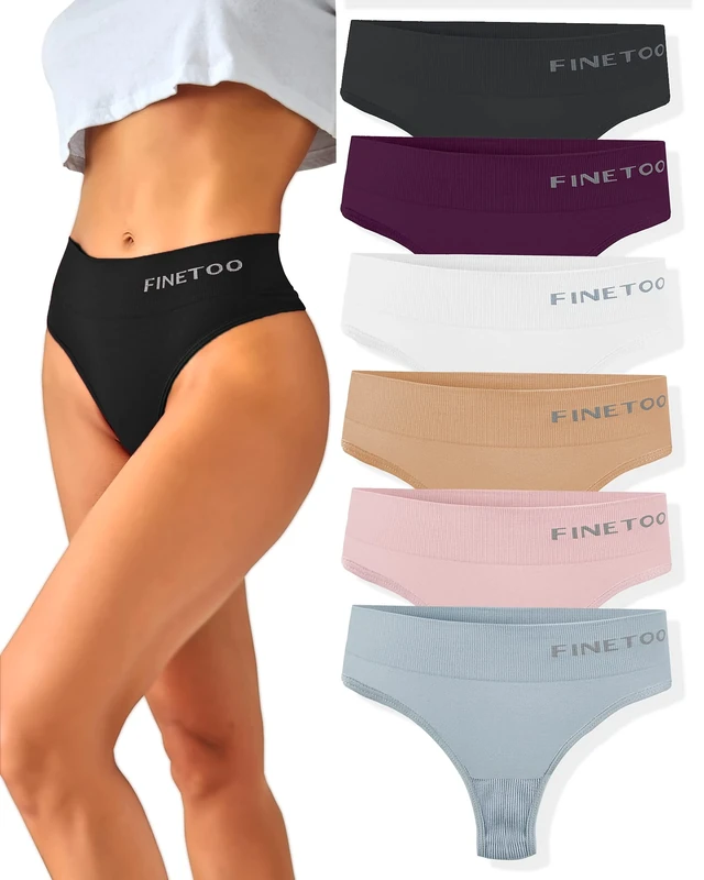 FINE TOO Pack of 6 G-strings, Women's Abdominal Control Strings Set, Breathable Thong Women's Underpants, High Waist Underwear, Soft Panties Multi-pack S–XL, M