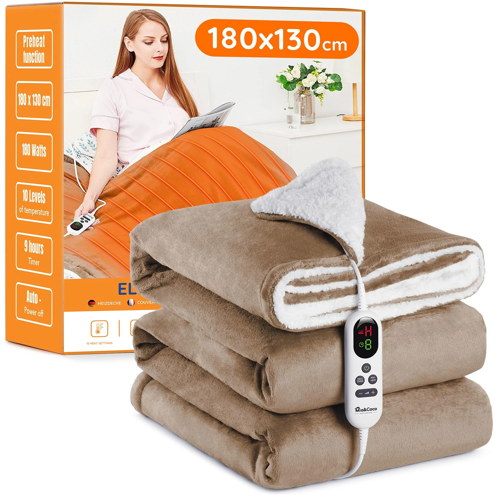 Mia&Coco Electric Heated Blanket Throw Flannel Sherpa Fast Heating 180x130cm, 10 Heat Levels & Up-to-9-Hours Auto-Off Timer & LED Display, for Home Office Use, Machine Washable, ETL Certified, Khaki