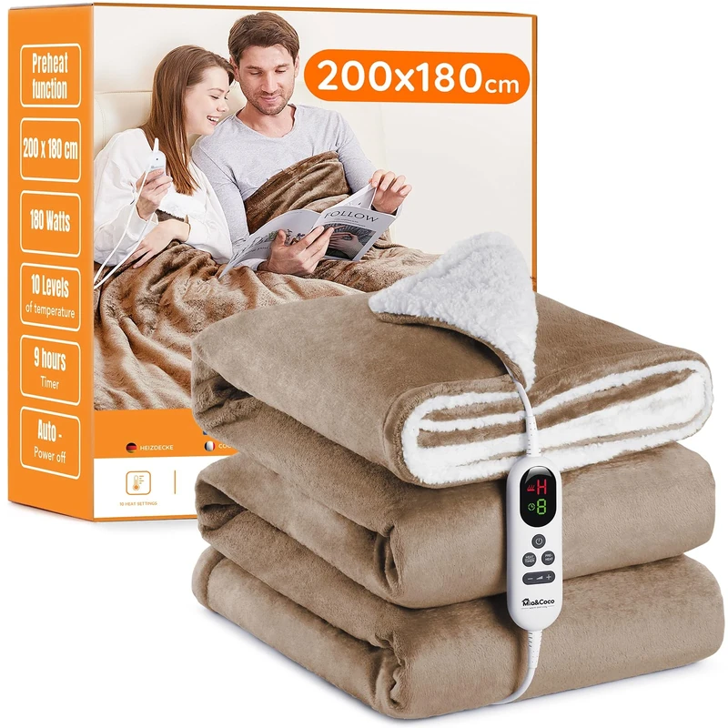 Mia&Coco Electric Heated Blanket Throw Flannel Sherpa Fast Heating 200x180cm, 10 Heat Levels & Up-to-9-Hours Auto-Off Timer & LED Display, for Home Office Use, Machine Washable, ETL Certified, Khaki
