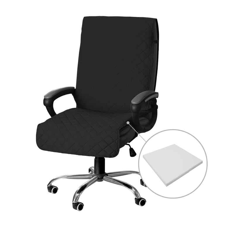 Easy-Going Quilted Microfiber Office Chair Cover with Soft Memory Foam Seat Cushion Water Resistant Desk Computer Chair Slipcover Anti-Slip Chair Protector (Large, Black)