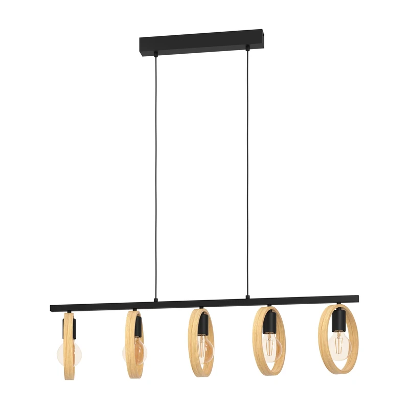 Eglo Pendant Lighting Ipsden, 5 Bulb Minimalist Ceiling Light Fitting Made of Natural Wood and Black Metal, Hanging lamp for Dining and Living Room, E27 Socket