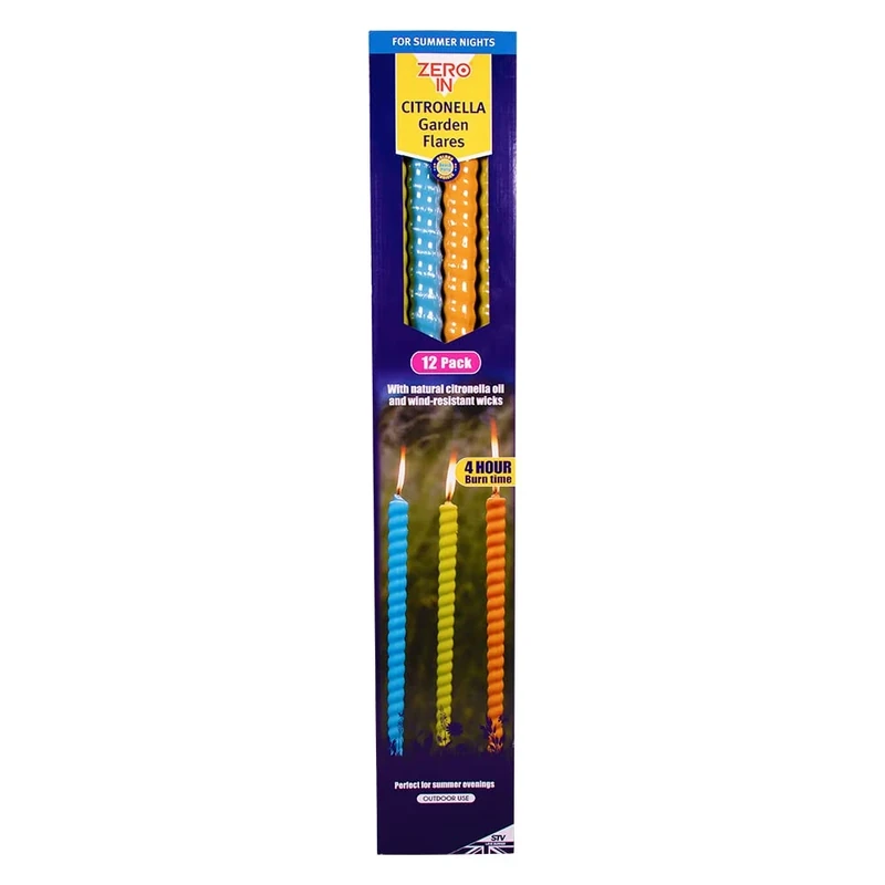 Zero In Citronella Garden Flares - Beach Party - 12-Pack, Scented, Colourful, 96cm, Natural, Repels Mosquitoes, For Gardens and Patio Areas
