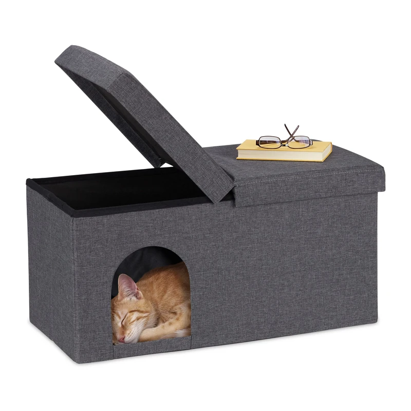 Relaxdays Cave Foldable, Sturdy Folding Bench, Indoor Cat Furniture, Pet Bed Hideaway, HxWxD: 38.5x74.5x37 cm, Grey, Fibreboard, 38.5x74.5x37cm