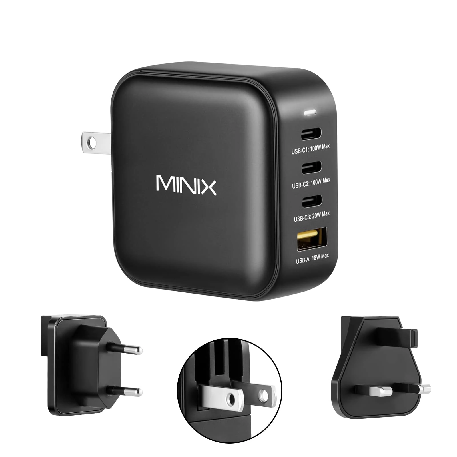 MINIX 100W Turbo 4-Ports GaN Wall Charger, 3 x USB-C port Fast Charging Adapter(Max 100W/20W), 1 USB-A (Max 18W). Compatible with USB-A and USB-C phones, laptop, tablet and More.(NEO P3)