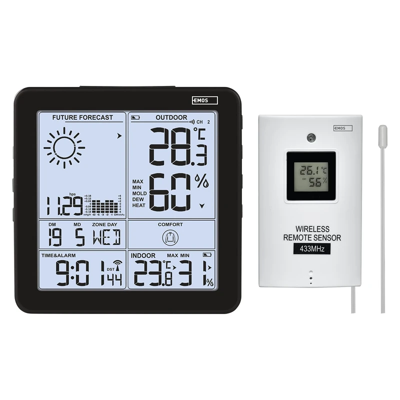 EMOS Wireless Weather Station for Indoor and Outdoor Temperature with Outdoor Sensor, Weather Forecast, Radio-Controlled Clock, Barometer, Memory, Air Pressure and Temperature Trend, Calendar, Alarm
