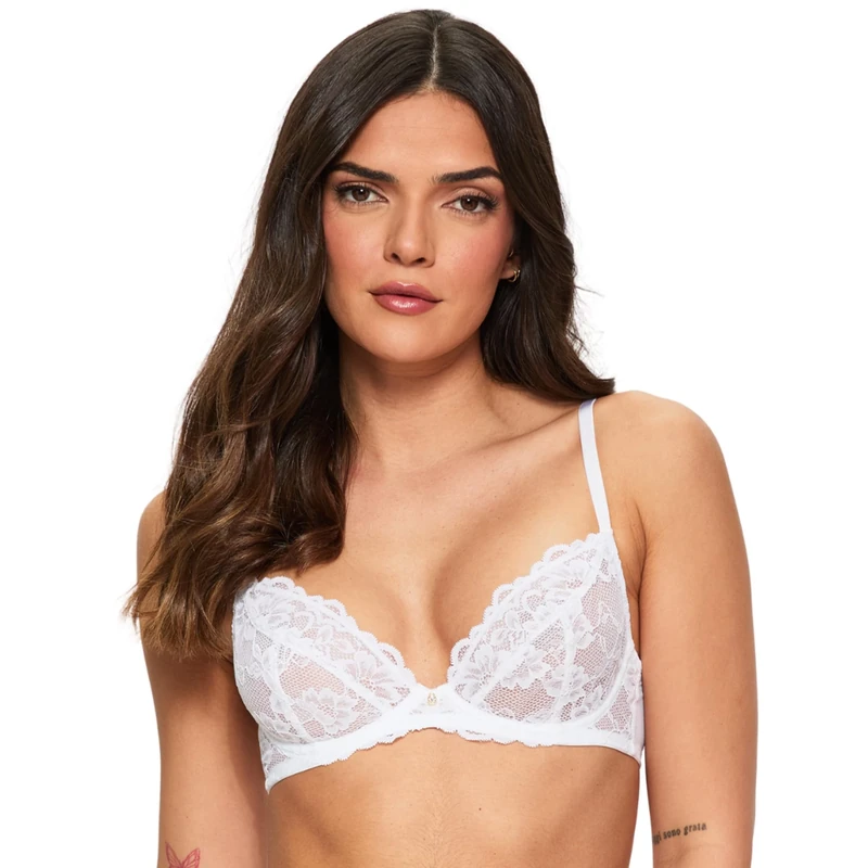Ann Summers Sexy Lace Non Padded Plunge Bra, A-D Cup, Curve-Enhancing Womens Underwear with Unlined Lace Cups, Underwire Support & Sculpting Boning White - Womens Lingerie
