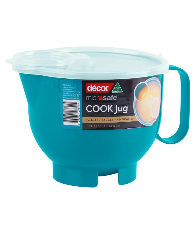 Décor Microsafe 2L Jug with Flip Cap Lid. Cooking, Reheating & Steaming in The Microwave. Safe Hold Handle and air Release Vent Feature. Dishwasher & Freezer Safe. BPA Free. Teal