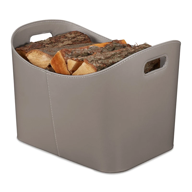 Relaxdays Faux Leather Basket, Sturdy Firewood Container with Handles, for Laundry, Toys, etc., 36 x 53.5 x 41 cm, Grey