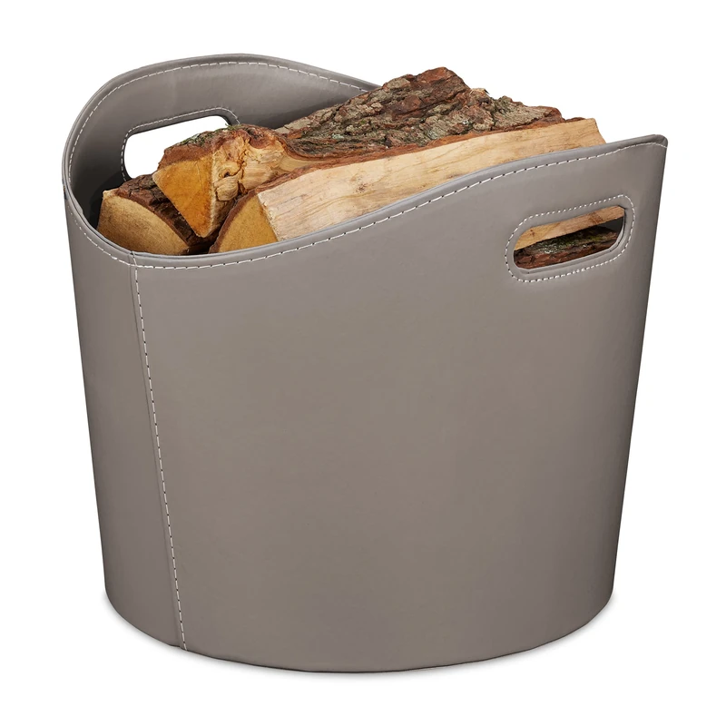 Relaxdays Faux Leather Basket, Sturdy Firewood Container with Handles, Also for Laundry, Toys, etc, 32 x 38 cm, Grey