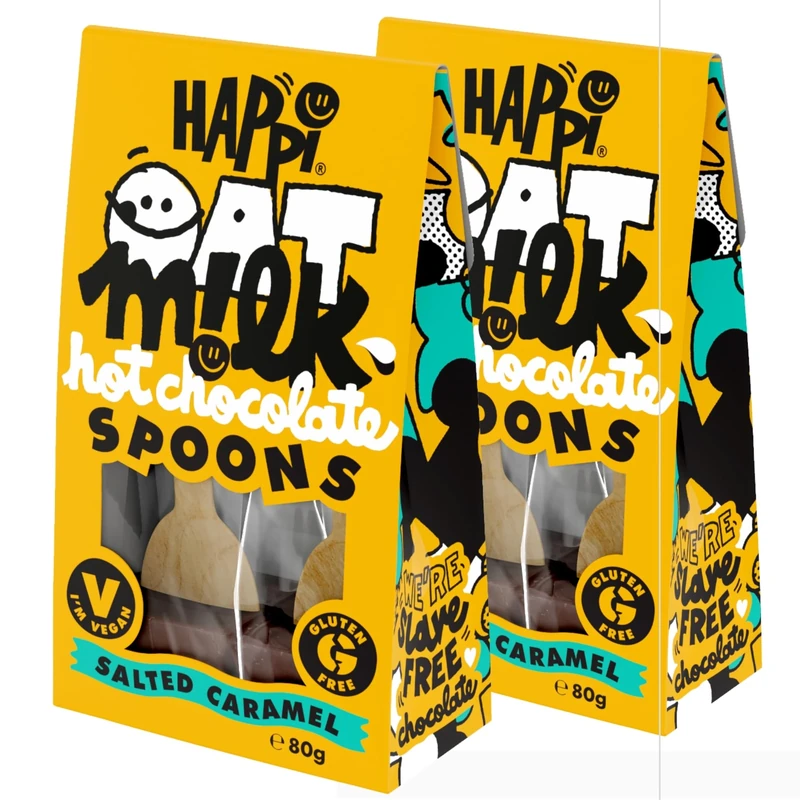 4 x Happi Oat Milk Vegan Hot Chocolate Spoons - 2 Oat Milk and 2 Salted Caramel Chocolate Stirrers - Vegan Chocolate Gifts - Image 1