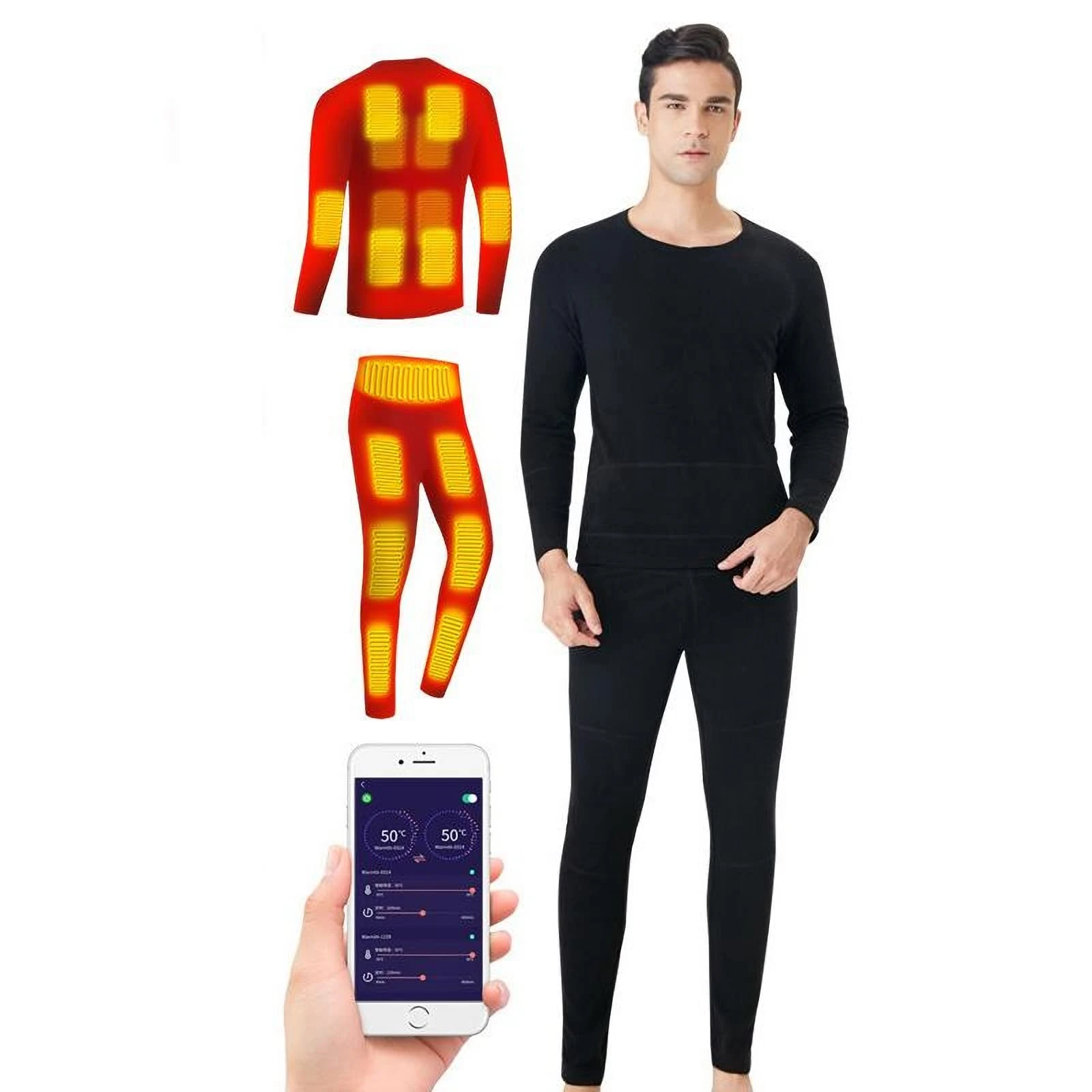 scosao Heated Underwear Electric USB Thermal Underwear for Men Women Breathable Heating Base Layer Fleece Lined Long Sleeve Heated Trousers Set with Washable & App Temperature Control (Black, XL)