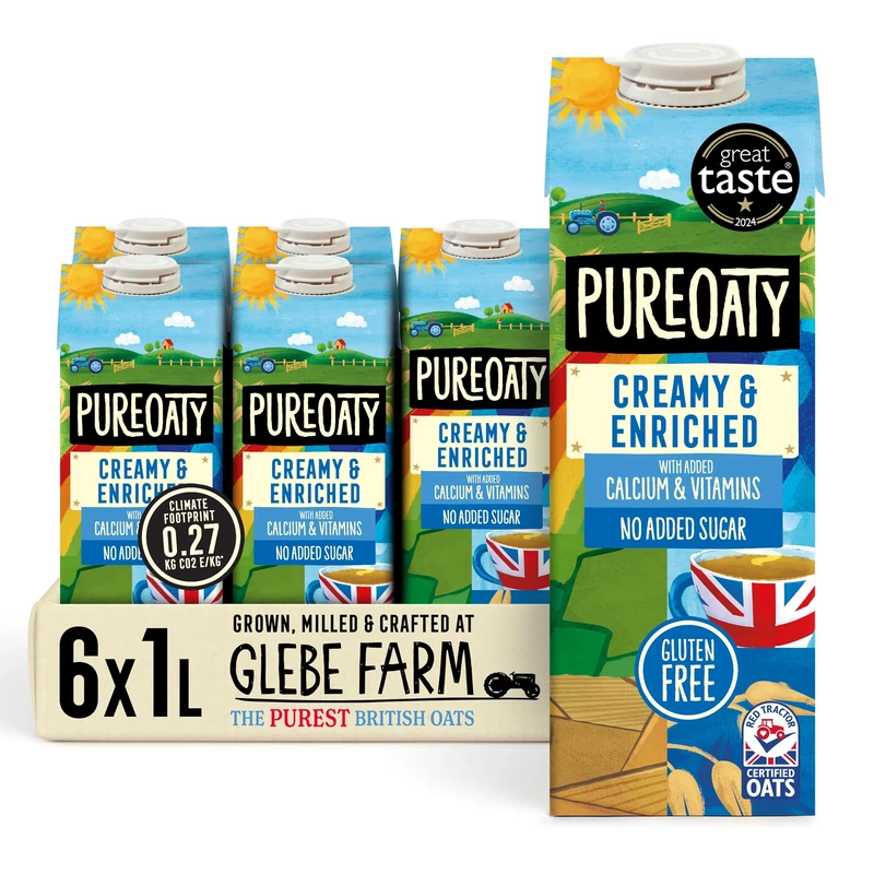 Glebe Farm PureOaty Creamy & Enriched - Barista Style Gluten Free Dairy Free & Vegan Coffee Creamer, High Protein with Calcium & Vitamin B12, 6 x 1 Litre