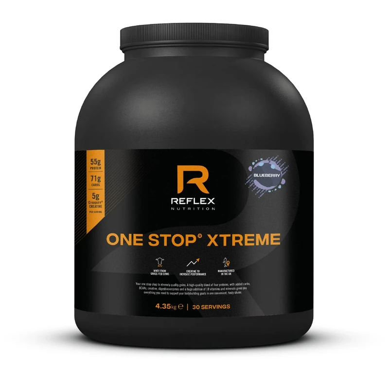 Reflex Nutrition One Stop® Xtreme - Serious Mass Gainer - All in One Protein Powder - 55g Protein, 10.3g BCAAs, 5,000mg Creatine - Muscle Building Protein Shake (Blueberry, 4.35kg)