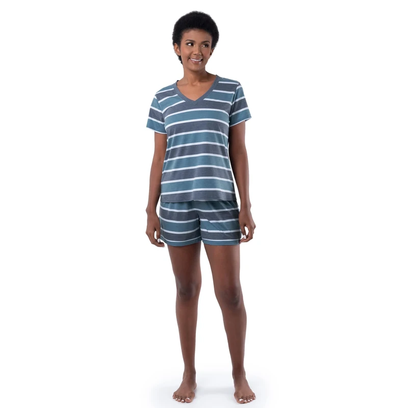 Fruit of the Loom Women's Sleeve Tee and Short 2 Piece Sleep Set, Blue Stripe, Small - Image 1