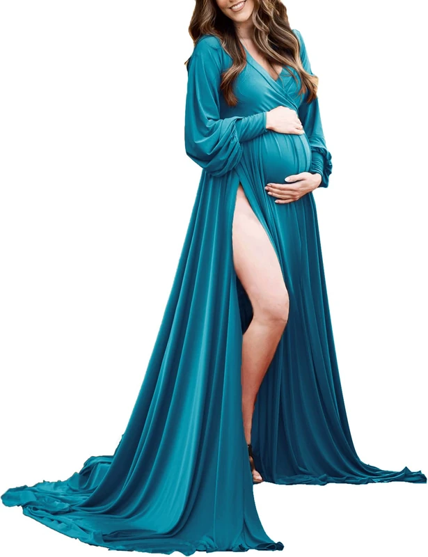 Maternity Gown Bishop Sleeves Baby Shower Dress Wrap Side Slit Sweetheart Maxi Photo Shoot for Photography, 114 Spruce Blue, XXL
