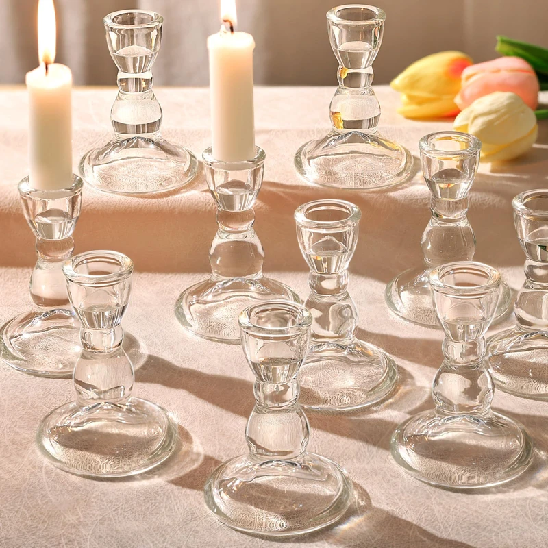 Lanttu 24 Pcs Candlestick Holders Bulk with Candle Wick Dippers, Clear Taper Candle Holders, Glass Candle Holders Set for Valentine's Day, Wedding Table, Party, Windowsill Decor