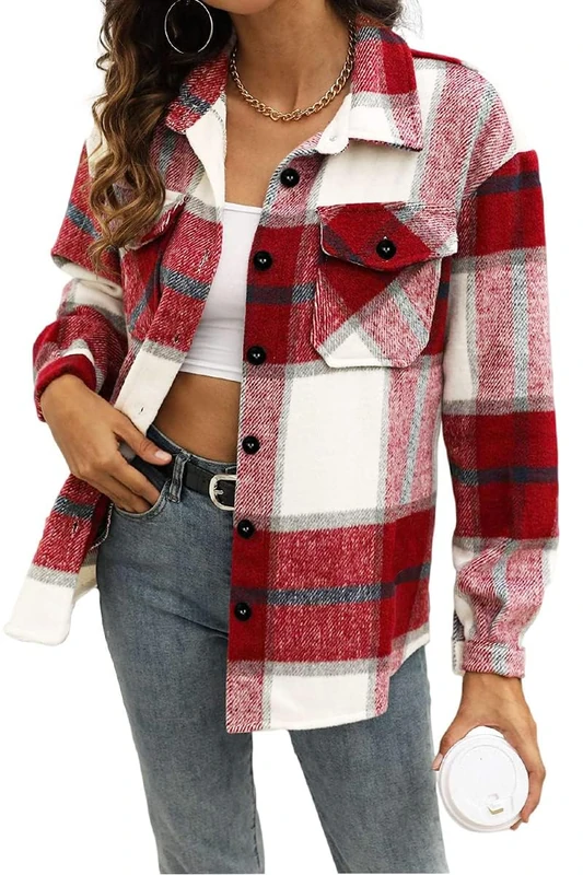 AUTOMET Womens Casual Plaid Shacket Wool Blend Button Down Long Sleeve Shirt Fall Jacket Shackets, Red, Medium