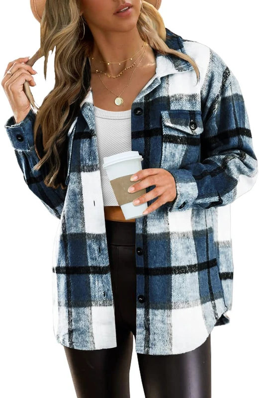AUTOMET Womens Casual Plaid Shacket Button Down Long Sleeve Shirts 2024, Blue, Small - Image 1