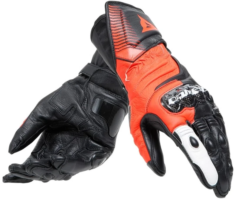DAINESE - Carbon 4 Long Gloves, Long Leather Sport Motorcycle Gloves, Carbon Knuckle Protectors, Man, Black/Fluo-Red/White, L