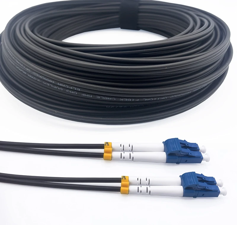 Elfcam® - 120m/393.7ft Outdoor and Indoor Shielded Armored Fiber Optic Cable LC/UPC to LC/UPC OS2 Singlemode Duplex 9/125μm LSZH, Black 120 Meters