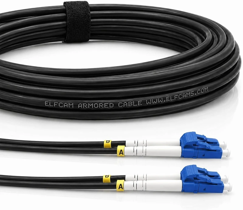 Elfcam® - 200m/656.1ft Outdoor and Indoor Shielded Armored Fiber Optic Cable LC/UPC to LC/UPC OS2 Singlemode Duplex 9/125μm LSZH, Black 200 Meters