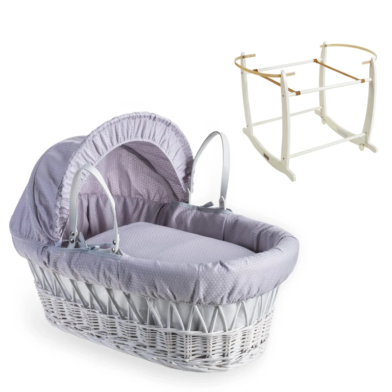 Clair de Lune Cotton Dream White Wicker Moses Basket with White Deluxe Rocking Stand 68 x 30 cm (Grey)