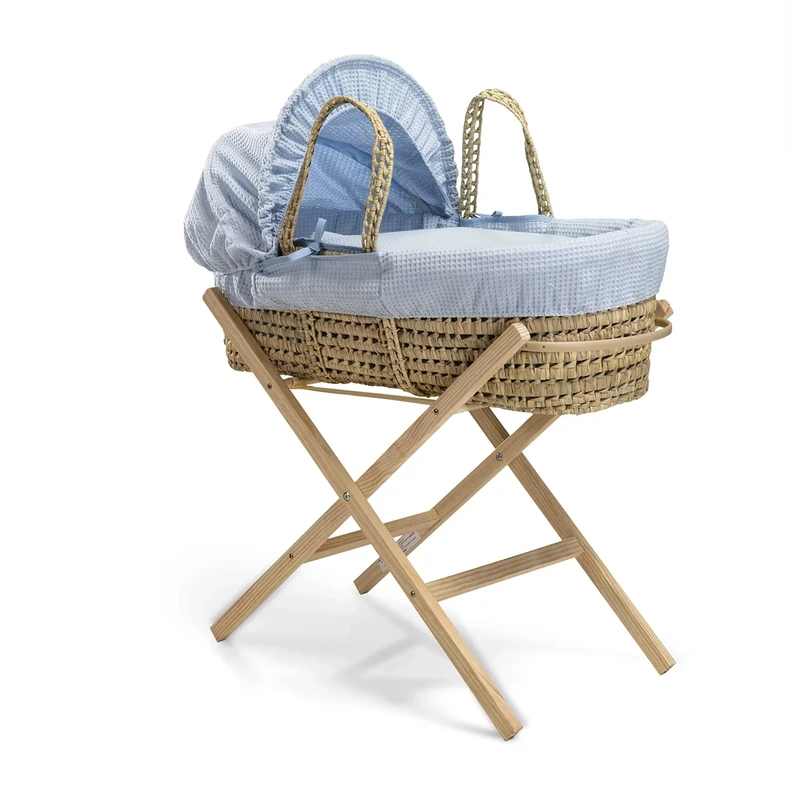 Clair de Lune Waffle Palm Moses Basket with Natural Folding Stand 75 x 28 cm (Blue)