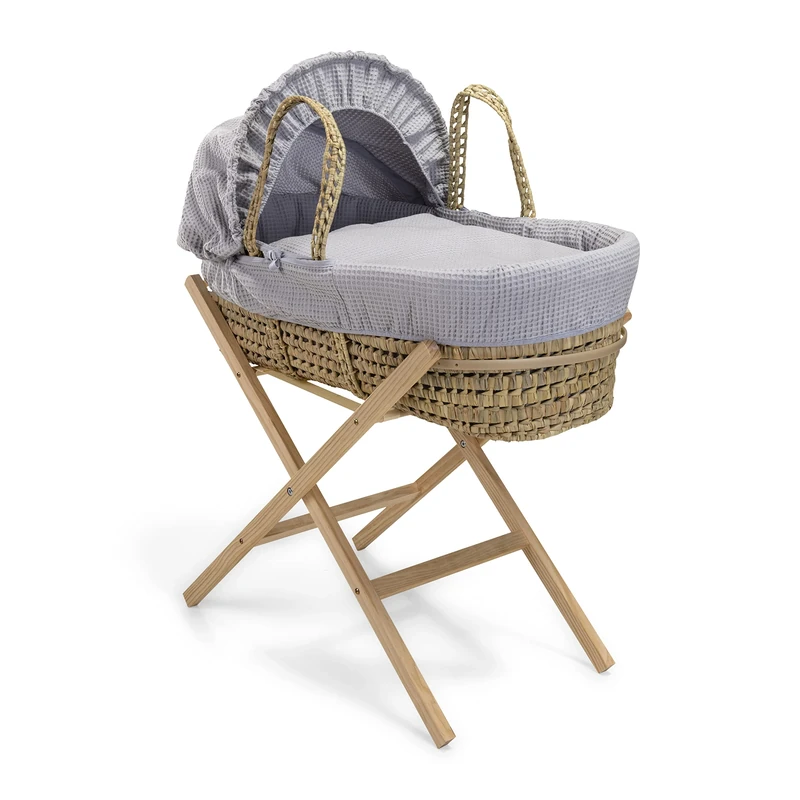 Clair de Lune Waffle Palm Moses Basket with Natural Folding Stand 75 x 28 cm (Grey)