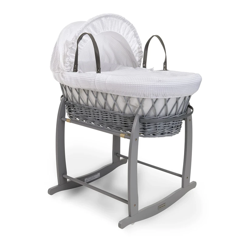 Clair de Lune Waffle Grey Wicker Moses Basket with Grey Deluxe Rocking Stand 68 x 30 cm (White)