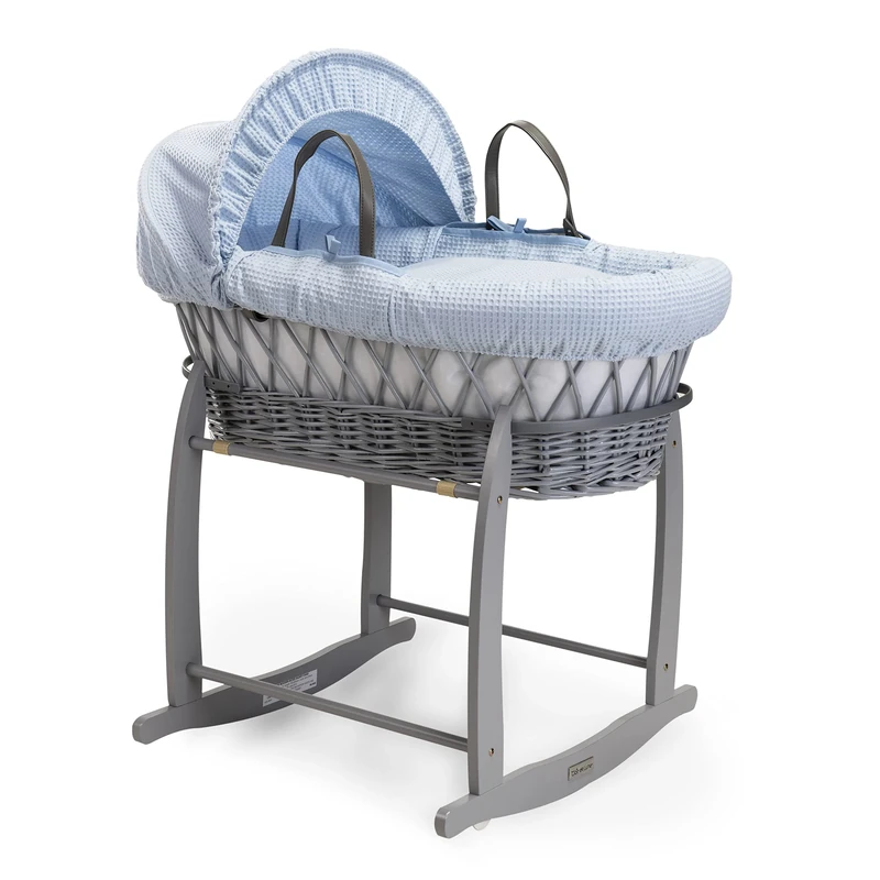 Clair de Lune Waffle Grey Wicker Moses Basket with Grey Deluxe Rocking Stand 68 x 30 cm (Blue)
