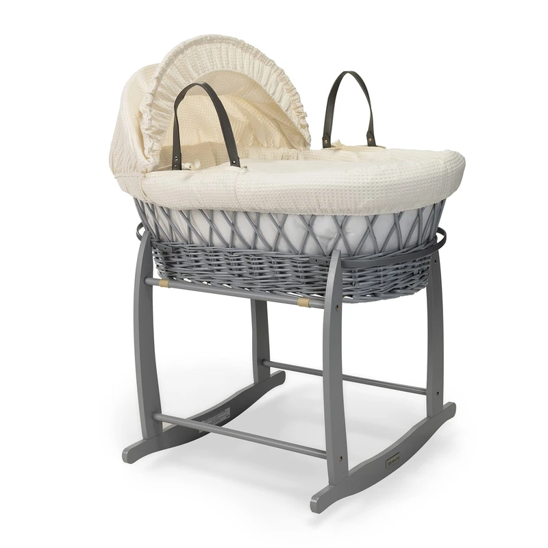 Clair de Lune Waffle Grey Wicker Moses Basket with Grey Deluxe Rocking Stand 68 x 30 cm (Cream)