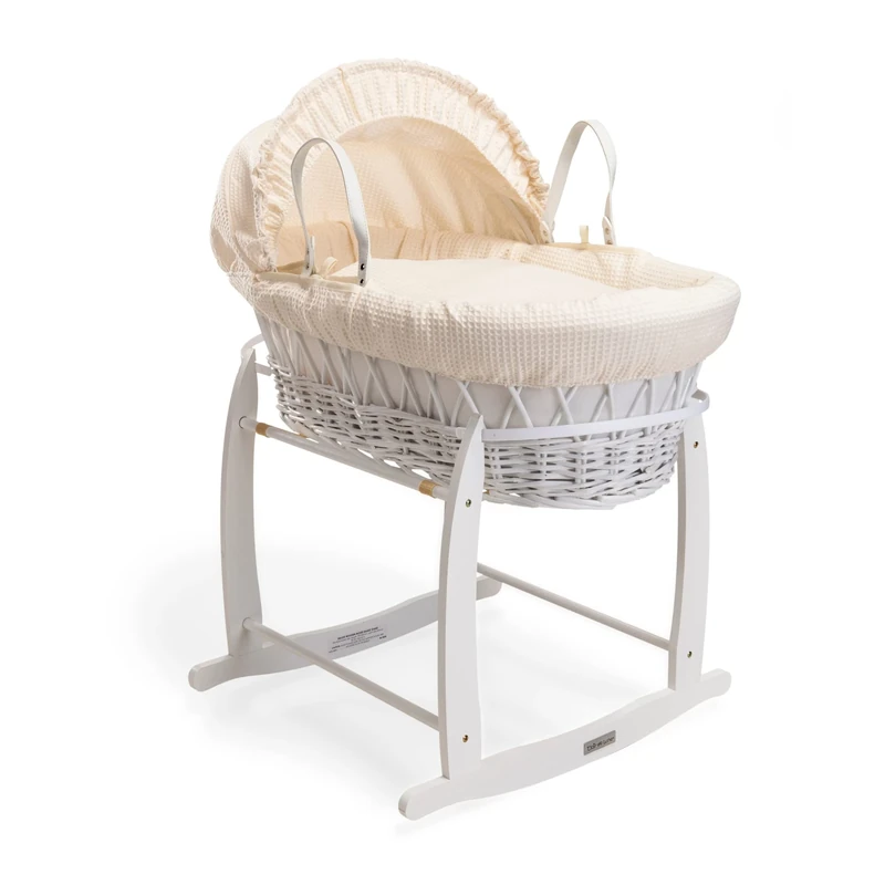 Clair de Lune Waffle White Wicker Moses Basket with White Deluxe Rocking Stand - 68 x 30 cm (Cream)