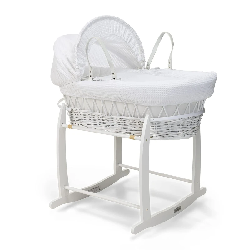 Clair de Lune Waffle White Wicker Moses Basket with White Deluxe Rocking Stand - 68 x 38 cm (White)
