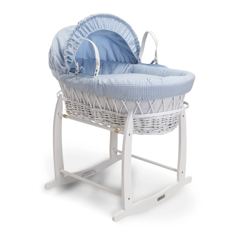 Clair de Lune Waffle White Wicker Moses Basket with White Deluxe Rocking Stand - 68 x 38 cm (Blue)