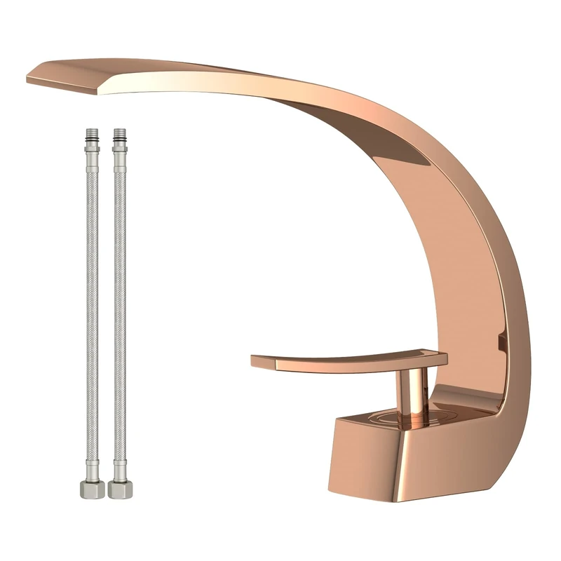 Rose Gold Modern Bathroom Sink Faucet, 1 Hole Single Handle Deck Mount Vanity Mixer Tap, Solid Brass Faucet with Deck Plate for Basin Sink