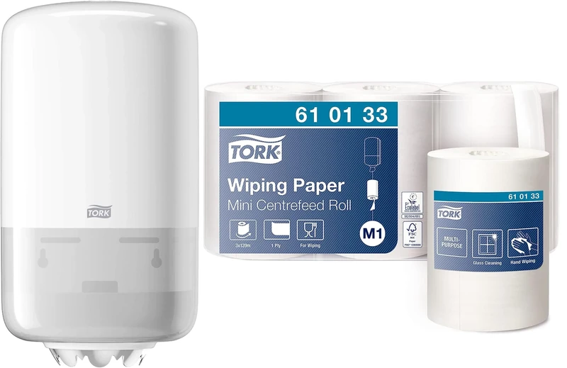 Tork Mini Centrefeed Wall Mounted Paper Towel Dispenser + Refill - M1 - Multipurpose Wiping Paper (3x120 sheets)
